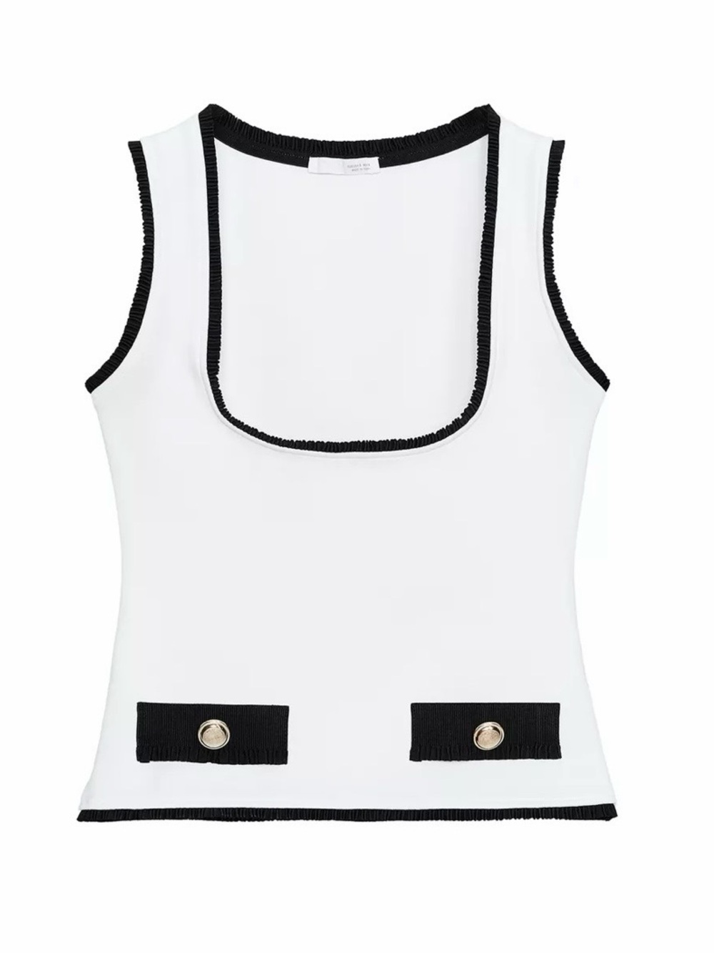 Zara Sleeveless White Tank with Black Trim and Button Details